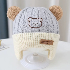 Caciula pentru copii, prelungire pentru urechiuse, imprimeu ursulet, model cute, tematica happy little bear, 6 luni – 3 ani, albastra - Img 3