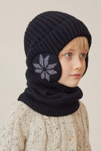 Caciula pentru copii, set doua piese, model cu acoperitori pentru urechi, fular asortat, tematica happy winter, 3 - 9 ani, neagra - Img 3