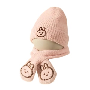 Caciula pentru copii, set doua piese, model minimalist cu iepuras, fular asortat, tematica sweet little bunny, 6 luni - 3 ani, roz