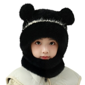 Caciula pentru copii, tip cagula cu guler, model pufos cu urechiuse ascutite, tematica fluffy cozy bear, 1 – 4 ani, neagra