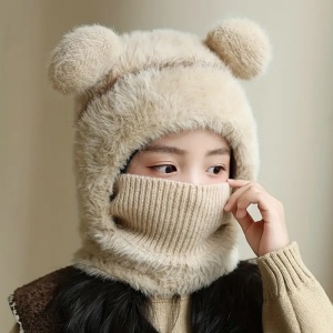 Caciula pentru copii, tip cagula cu guler, model pufos cu urechiuse ascutite, tematica fluffy cozy bear, 1 – 4 ani, maro deschis - Img 2