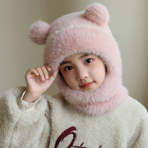 Caciula pentru copii, tip cagula cu guler, model pufos cu urechiuse ascutite, tematica fluffy cozy bear, 1 – 4 ani, roz - Img 4