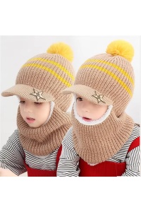 Caciula pentru copii, tip cagula, model cu cozoroc si pompom, accesoriu cute, tematica mica vedeta, 3 - 9, bej - Img 2