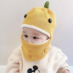 Caciula pentru copii, tip cagula, model dinozaur jucaus, captuseala moale si calduroasa, tematica little dino, 6 luni – 3 ani, galbena - Img 2