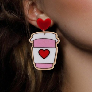 Cercei dama cu pahar de cafea si inimioare, model fashion vesel, tematica crazy love, roz - Img 3