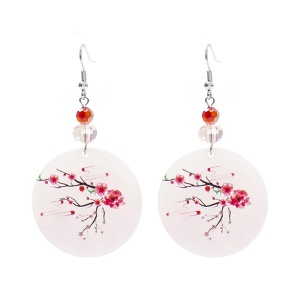 Cercei dama, model floral deosebit, pandantiv rotund, accesorii delicate, tematica asian flowers, albi