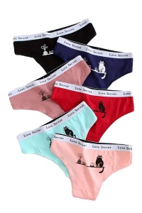 Chiloti dama, set de 6 bucati, decupaj clasic croi ingust, talie elastica, model haios cu imprimeu pisica, tematica secret love, multicolor