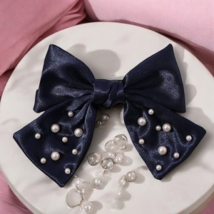 Clama de par, accesorizata cu funda satinata, model elegant cu margelute, tematica fancy lady, albastru inchis - Img 2