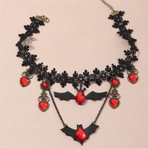 Colier dama Halloween, negru, cu pandantiv liliac si accesorii inimi rosii cristal, reglabil - Img 3
