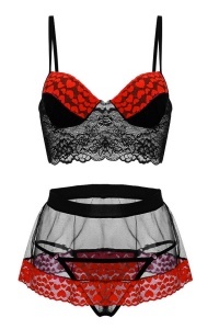 Compleu lenjerie sexy cu inimioare 3 piese, chilot, sutien, fusta scurta, dantela, plasa, negru cu rosu - Img 4