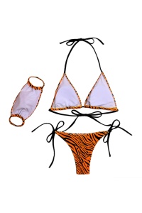 Costum de baie cu masca, 3 piese, animal print tigru, slip brazilian, sutien reglabil RO - Img 2