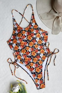 Costum de baie dama, 1 piesa, model floral delicat portocaliu - Img 4