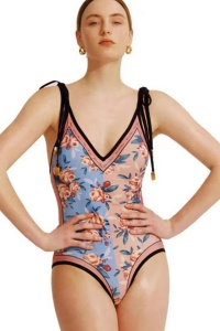 Costum de baie dama, 1 piesa, model versatil cu doua fete, imprimeu deosebit, bretele reglabile albastru cu roz