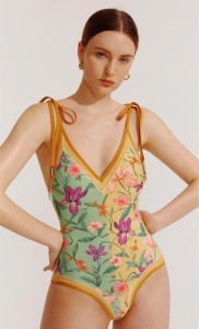 Costum de baie dama, 1 piesa, model versatil cu doua fete, imprimeu deosebit, bretele reglabile galben cu verde - Img 3