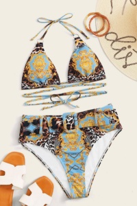 Costum de baie dama, 2 piese, imprimeu animal print, multicolor, sutien reglabil, slip talie inalta brazilian cu catarama - Img 3