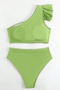 Costum de baie dama, 2 piese, model cool seducator, top tip bustiera cu prindere pe un umar si chilot talie inalta, tematica sexy elegant summer verde deschis - Img 2