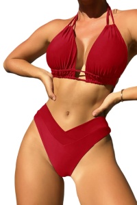 Costum de baie dama, 2 piese, model de vara clasic elegant, sutien cu bretele reglabile, chilot cu talie inalta si coapsa dezgolita, tematica classy and hot bikini rosu