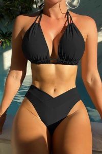 Costum de baie dama, 2 piese, model de vara clasic elegant, sutien cu bretele reglabile, chilot cu talie inalta si coapsa dezgolita, tematica classy and hot bikini negru - Img 4