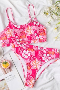 Costum de baie dama, 2 piese, model floral, sutien tip bustiera si chilot cu talie inalta roz - Img 3