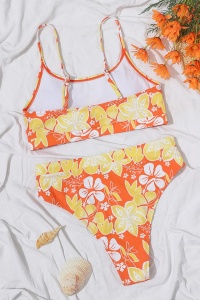 Costum de baie dama, 2 piese, model floral, sutien tip bustiera si chilot cu talie inalta portocaliu - Img 4