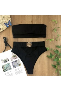 Costum de baie dama, 2 piese, model senzual, sutien tip bustiera cu crapatura si bretele detasabile, chilot decupaj clasic talie inalta cu centura, tematica sexy summer love negru - Img 4