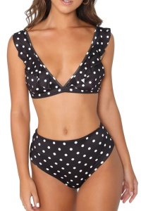 Costum de baie dama, 2 piese, model sexy trendy cu buline, sutien cu volanas, decolteu adanc in V si chilot cu talie inalta negru