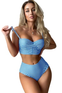 Costum de baie dama, 2 piese, model vintage, sutien tip bustiera si chilot talie inalta, tematica 90's summer dream albastru inchis