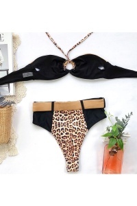 Costum de baie dama, 2 piese, slip brazilian talie inalta si sutien cu push-up, animal print, negru RO - Img 4