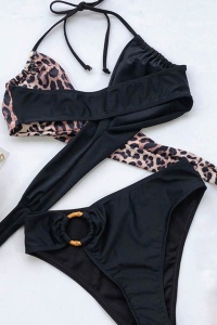 Costum de baie dama, 2 piese, slip clasic cu accesoriu si sutien cu push-up, animal print, negru - Img 3