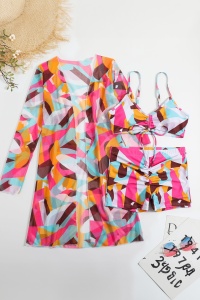 Costum de baie dama, 3 piese, model confortabil elegant pentru vara, sutien tip bustiera, chilot cu fronseu si cover up cu maneci lungi multicolor - Img 4