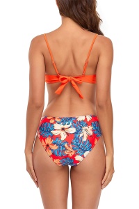 Costum de baie dama, 3 piese, model floral, sutien cu accesoriu metalic, chilot clasic si cover up cu maneci lungi portocaliu - Img 2