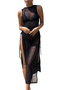 Costum de baie dama, 3 piese, model summer dress beach, sutien cupe triunghiulare si rochie de plaja cu crapatura pe ambele parti negru
