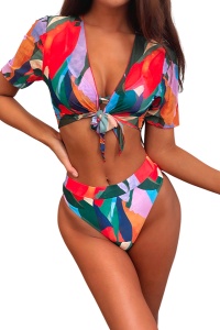 Costum de baie dama, multicolor, 3 piese, slip brazilian talie inalta, sutien cu push-up, bluza subtire cu maneci scurte