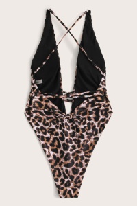 Costum de baie dama, o piesa, animal print leopard, decolteu adanc in V, slip brazilian - Img 2