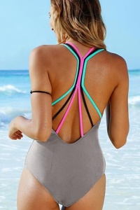 Costum de baie dama, o piesa, model clasic atragator cu bretele multiple si chilot decupaj normal, culori vii si intense, tematica all eyes on me gri - Img 2