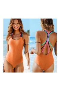 Costum de baie dama, o piesa, model clasic atragator cu bretele multiple si chilot decupaj normal, culori vii si intense, tematica all eyes on me portocaliu - Img 3