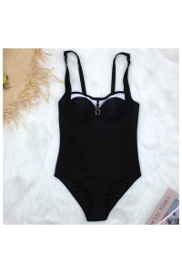 Costum de baie dama, o piesa, model clasic, cu accesoriu la decolteu negru - Img 4