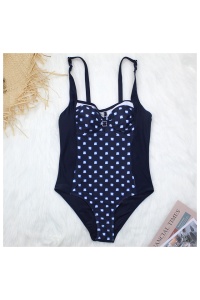 Costum de baie dama, o piesa, model clasic, imprimeu vesel si accesoriu la decolteu albastru - Img 4