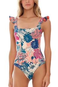 Costum de baie dama, o piesa, model floral, bretele reglabile si chilot decupaj clasic, tematica I love flowers multicolor