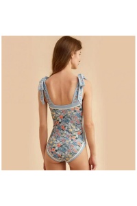 Costum de baie dama, o piesa, model floral delicat, prindere cu bretele late pe umeri albastru - Img 2