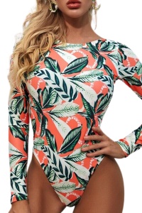 Costum de baie dama, o piesa, model floral, maneci lungi si spate gol portocaliu