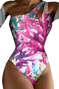 Costum de baie dama, o piesa, model happy summer wild splash, prindere fixa pe un umar roz