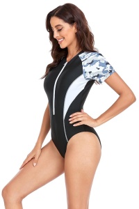 Costum de baie dama, o piesa, model sport cu maneca scurta si fermoar, chilot decupaj clasic, tematica sexy and fit negru cu alb - Img 4