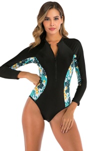 Costum de baie intreg, maneca lunga, inchidere cu fermoar, chilot brazilian, negru, imprimeu albastru laterale