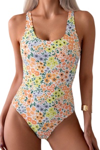 Costum de baie, o piesa, model delicat, prindere la spate metalica si chilot decupaj clasic, imprimeu floral, tematica romatic summer galben multicolor