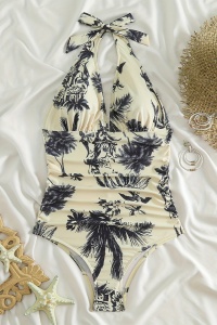 Costum de baie, o piesa, model dragut si delicat, prindere dupa gat, spate gol si chilot decupaj clasic, tematica elegant summer bej - Img 2
