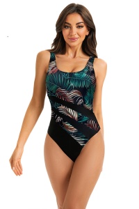 Costum de baie, o piesa, model elegant, decolteu rotund si chilot decupaj clasic, tematica fashion summer negru cu verde