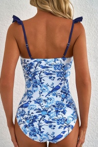 Costum de baie, o piesa, model elegant, detaliu cute la decolteu, bretele cu volanas si chilot decupaj clasic, tematica fashion summer albastru - Img 2