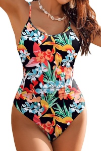Costum de baie, o piesa, model vesel, bretele subtiri si chilot decupaj clasic, tematica poveste de vara negru cu multicolor