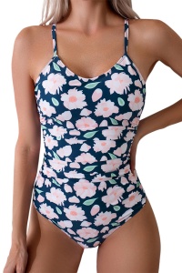 Costum de baie, o piesa, model vesel, imprimeu cu flori delicate, bretele subtiri si chilot decupaj clasic, tematica I love summer flower albastru cu roz
